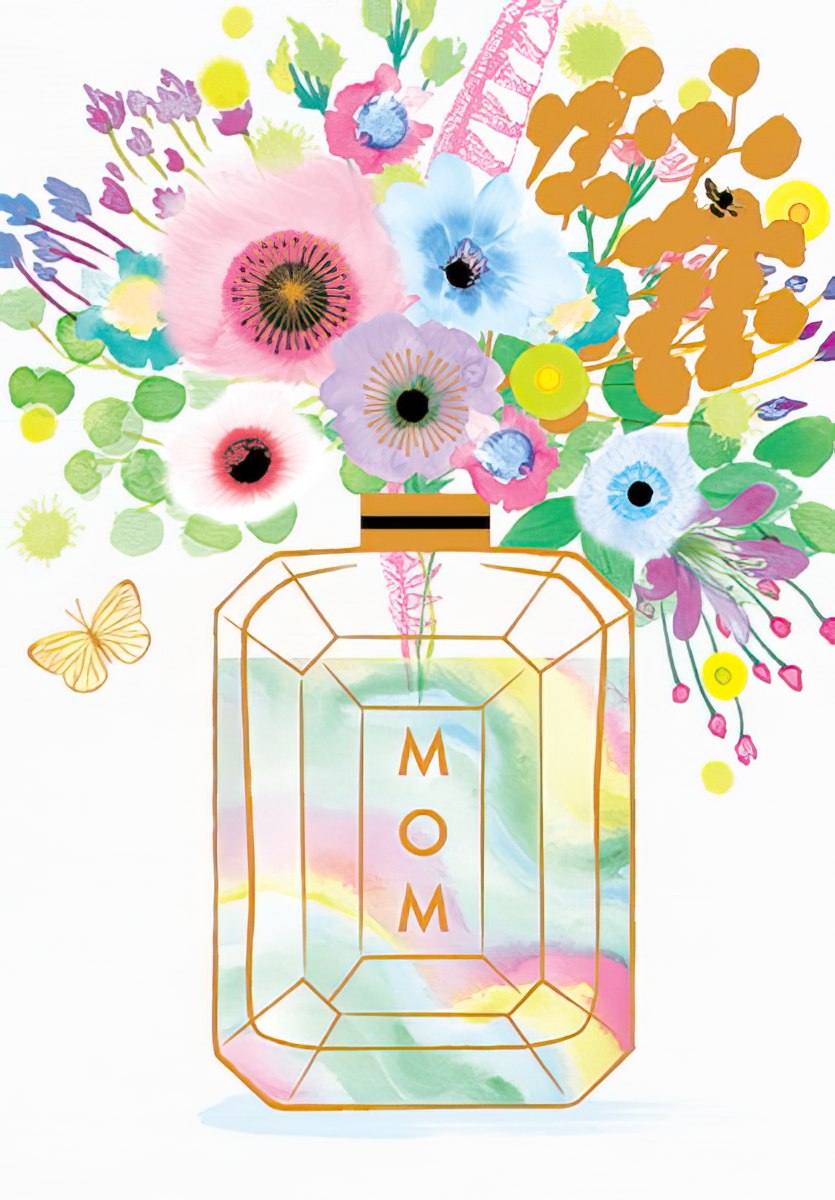Front of a Mother's Day greeting card featuring a clear, faceted bottle labeled "MOM" with gold trim, overflowing with a vibrant bouquet of watercolor flowers in pink, blue, purple, and yellow, alongside a delicate golden butterfly.