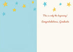 Inside view of a celebratory graduation card, with a blue left panel dotted with stars and a cream right panel displaying 'This is only the beginning! Congratulations, Graduate' in elegant script.