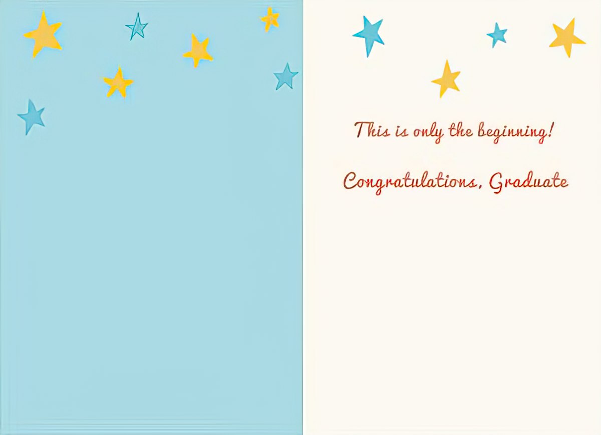 Inside view of a celebratory graduation card, with a blue left panel dotted with stars and a cream right panel displaying 'This is only the beginning! Congratulations, Graduate' in elegant script.