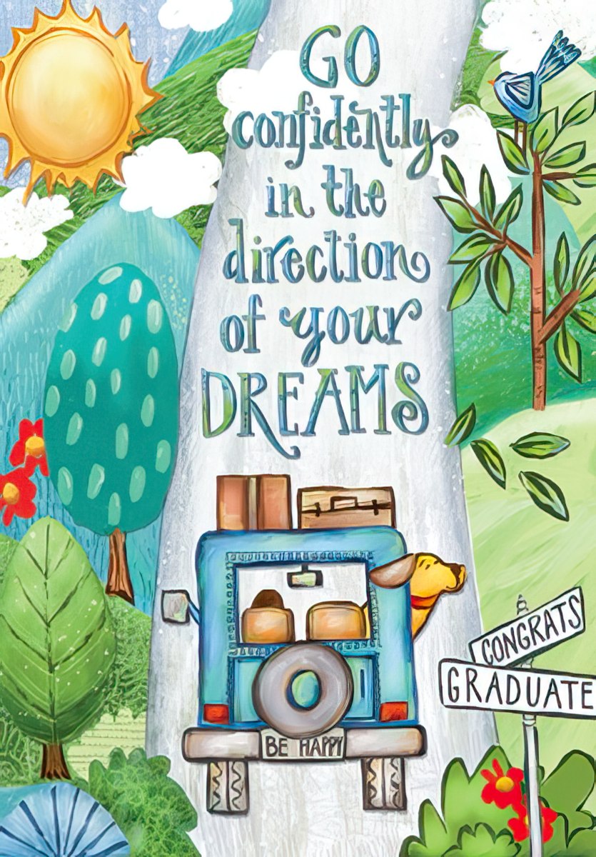 Front of a vibrant graduation greeting card featuring an illustration of a blue car packed with luggage, a dog looking out, driving on a road towards a bright sun. Text reads 'GO confidently in the direction of your DREAMS.' Green trees and 'CONGRATS GRADUATE' road signs surround the scene, symbolizing a new journey and future success.