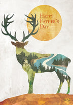 Nature-inspired greeting card for him, featuring a majestic deer silhouette filled with a vibrant forest and river landscape, under a golden sun. Perfect for celebrating a special parent.