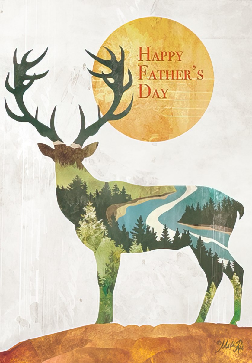 Nature-inspired greeting card for him, featuring a majestic deer silhouette filled with a vibrant forest and river landscape, under a golden sun. Perfect for celebrating a special parent.