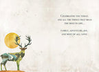 Inside of a heartfelt greeting card showing a deer silhouette with a nature scene, alongside a loving message: 'Celebrating you today, and all the things that mean the most in life... Family, adventure, joy, and most of all, love.'