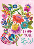 Vibrant folk art style greeting card with colorful floral bouquet, butterflies, and paisley patterns on a pink background, featuring 'LOVE YOU, Lots!' text, perfect for a romantic gesture.