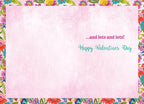 Inside of a romantic greeting card, featuring a pink textured background with a matching colorful folk art floral border and the heartfelt message '...and lots and lots! Happy Valentine's Day'.