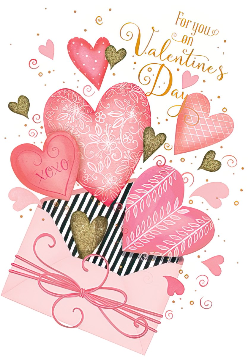 Front of a romantic Valentine's Day greeting card featuring numerous pink and gold glitter hearts spilling out of a decorative pink and black striped envelope, with the text 'For you on Valentine's Day' and 'XOXO' on a heart.