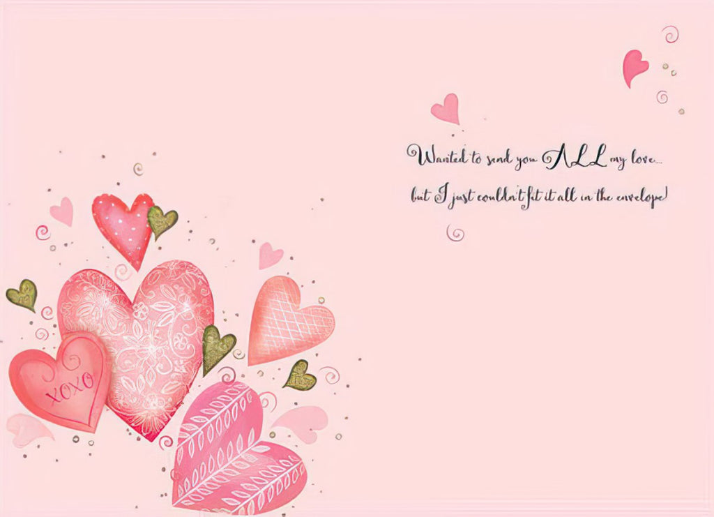 Inside of a heartfelt greeting card displaying a light pink background with scattered pink and gold hearts and the romantic message 'Wanted to send you ALL my love... but I just couldn't fit it all in the envelope!' in elegant black script.
