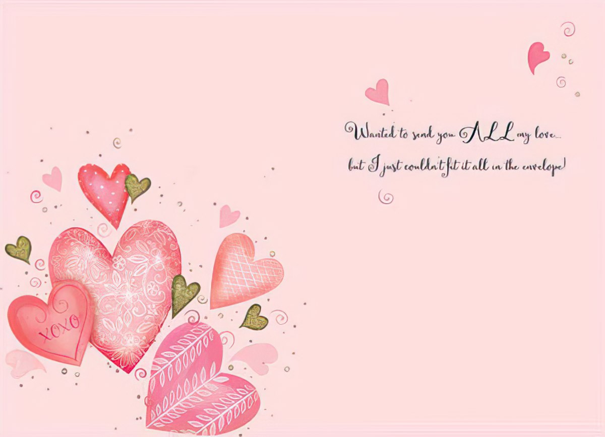 Inside of a heartfelt greeting card displaying a light pink background with scattered pink and gold hearts and the romantic message 'Wanted to send you ALL my love... but I just couldn't fit it all in the envelope!' in elegant black script.