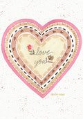 Front view of a beautiful watercolor Valentine's Day greeting card featuring a multi-layered pink and brown heart design with 'love you' in elegant script and small floral accents on a speckled white background.