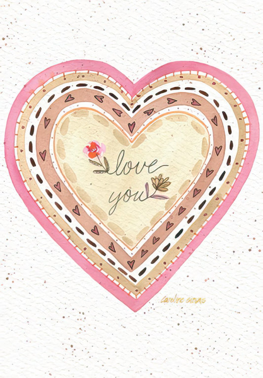 Greeting card front featuring a vibrant pink and beige watercolor heart with intricate patterns and "love you" in script.