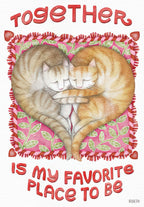 Greeting card featuring two adorable ginger and grey cats cuddled together in a heart shape on a pink background with green leaves, text reads 'Together is my favorite place to be'. Perfect romantic card for cat lovers.