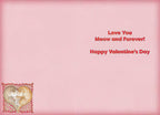 Inside of a cute pink greeting card with a small heart-shaped design of two cuddling cats in the corner, and red text that says 'Love You Meow and Furever! Happy Valentine's Day'.