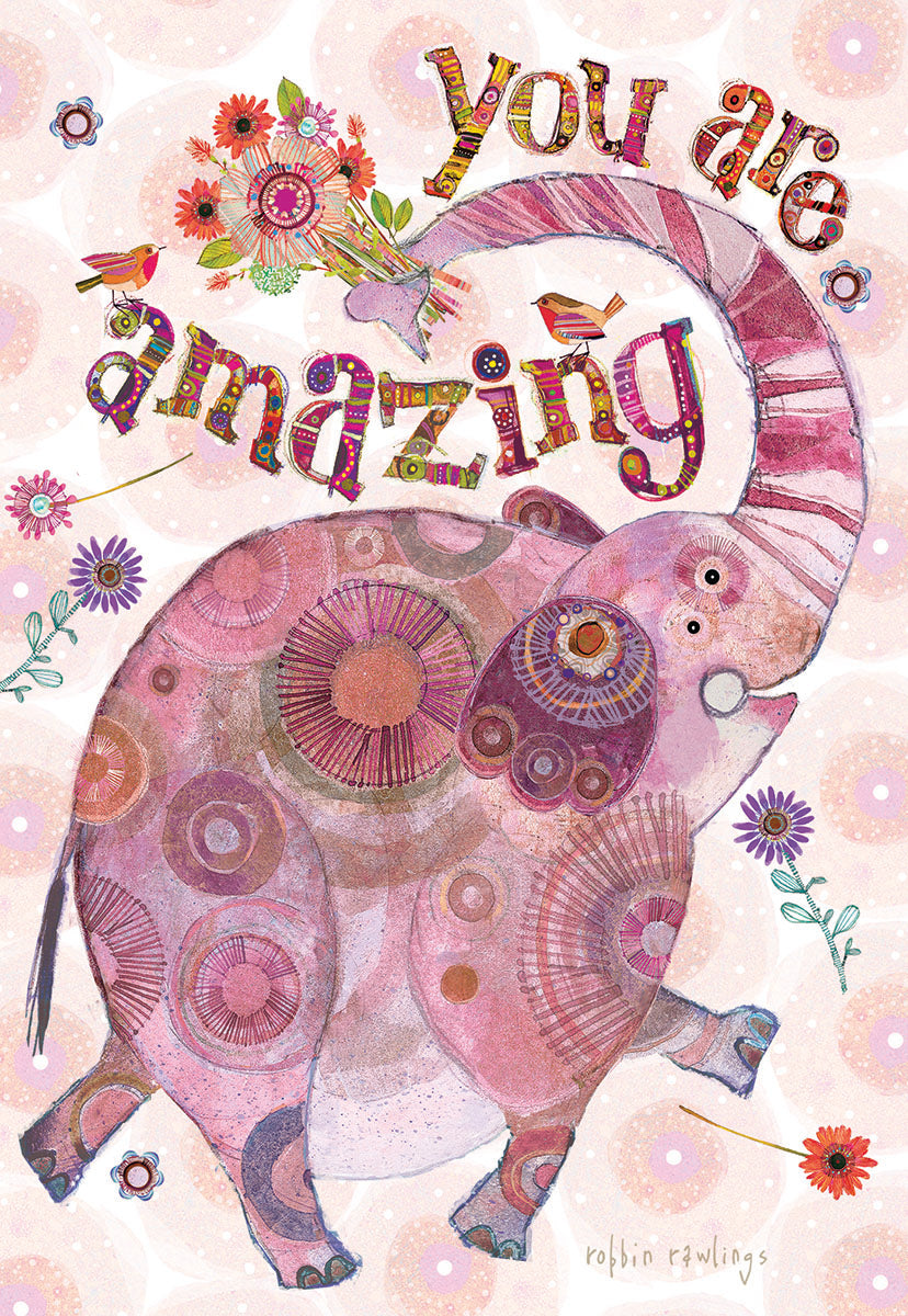 Pink Elephant with Bouquet of Flowers Birthday Card