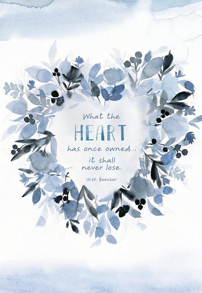 Front of a heartfelt sympathy card with a watercolor blue floral wreath framing an inspiring H.W. Beecher quote.