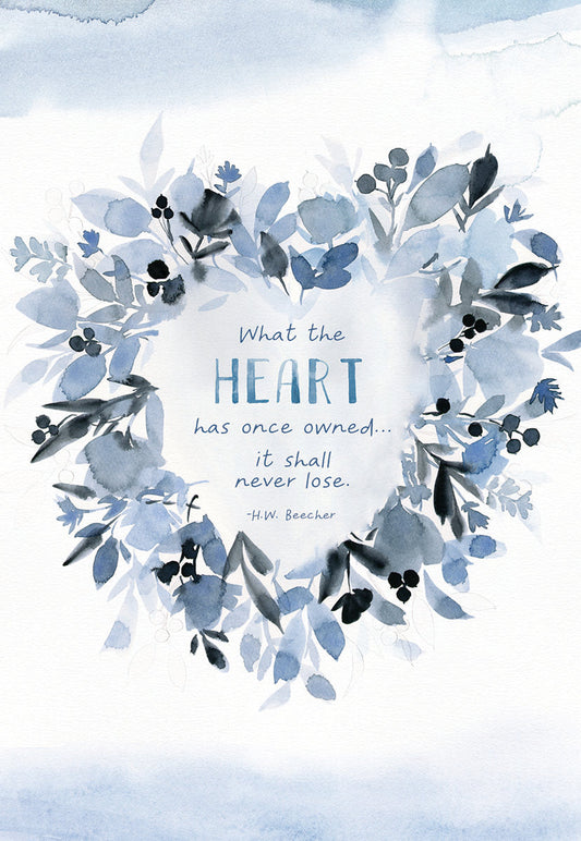 Front of a heartfelt sympathy card with a watercolor blue floral wreath framing an inspiring H.W. Beecher quote.