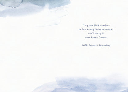 Inside of a soothing sympathy card featuring watercolor blue accents and a comforting message of deepest sympathy.
