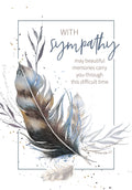 Elegant watercolor feather sympathy card front with 'WITH sympathy may beautiful memories carry you through this difficult time' text, offering comfort during loss.