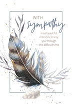 Elegant watercolor feather sympathy card front with 'WITH sympathy may beautiful memories carry you through this difficult time' text, offering comfort during loss.