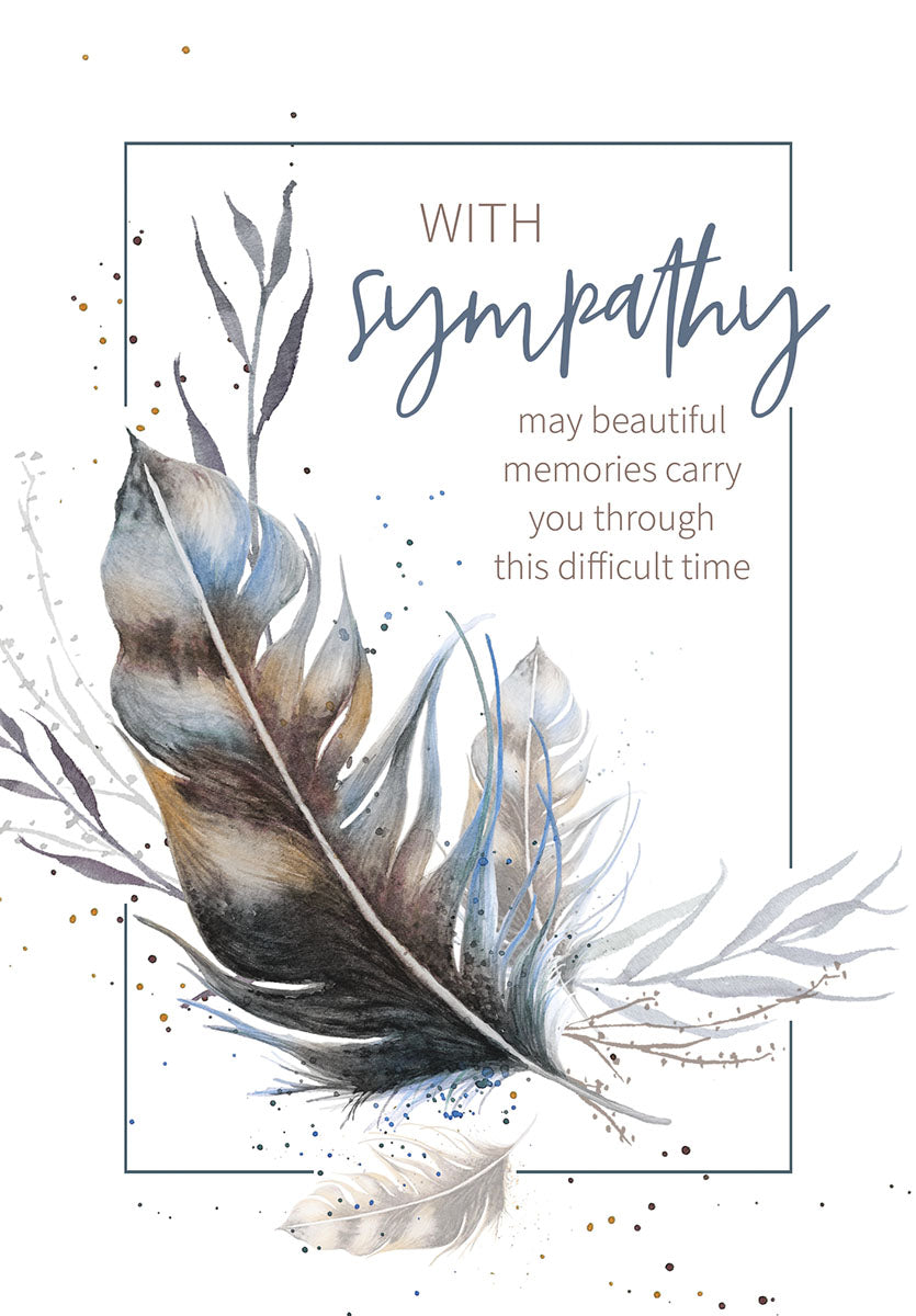 Elegant watercolor feather sympathy card front with 'WITH sympathy may beautiful memories carry you through this difficult time' text, offering comfort during loss.