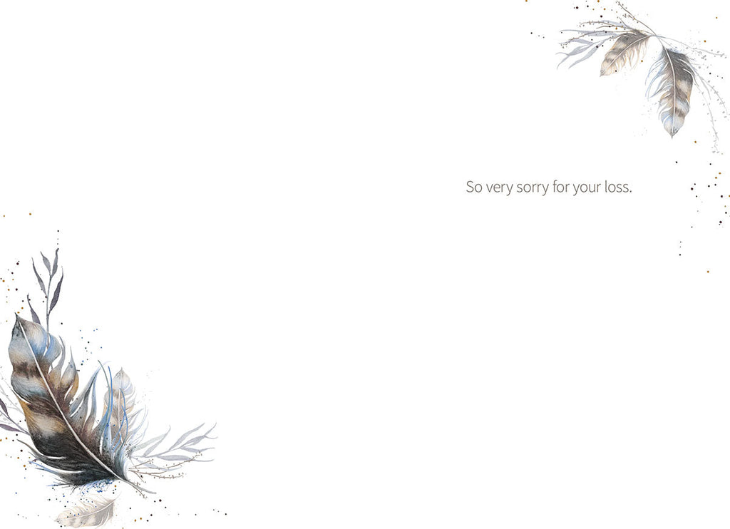 Interior of a soothing memorial card showing watercolor feather accents and the message 'So very sorry for your loss.' on a white background.