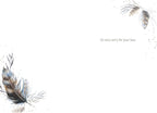 Interior of a soothing memorial card showing watercolor feather accents and the message 'So very sorry for your loss.' on a white background.