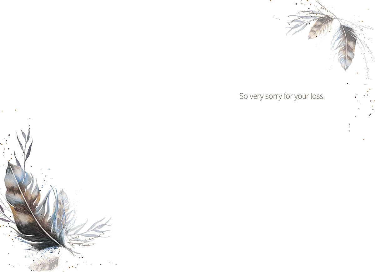 Interior of a soothing memorial card showing watercolor feather accents and the message 'So very sorry for your loss.' on a white background.