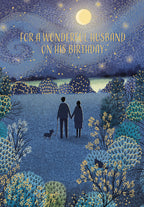 Romantic greeting card for husband featuring a couple and dog under a starry, moonlit night sky, with text 'FOR A WONDERFUL HUSBAND ON HIS BIRTHDAY'.