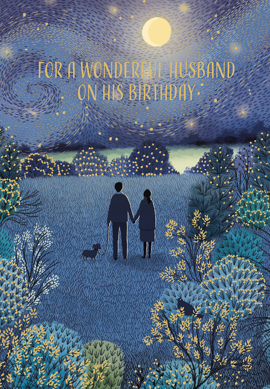Romantic birthday card for husband. Features couple and dog under a starry, swirly blue night sky with text: 'For a Wonderful Husband on His Birthday'.