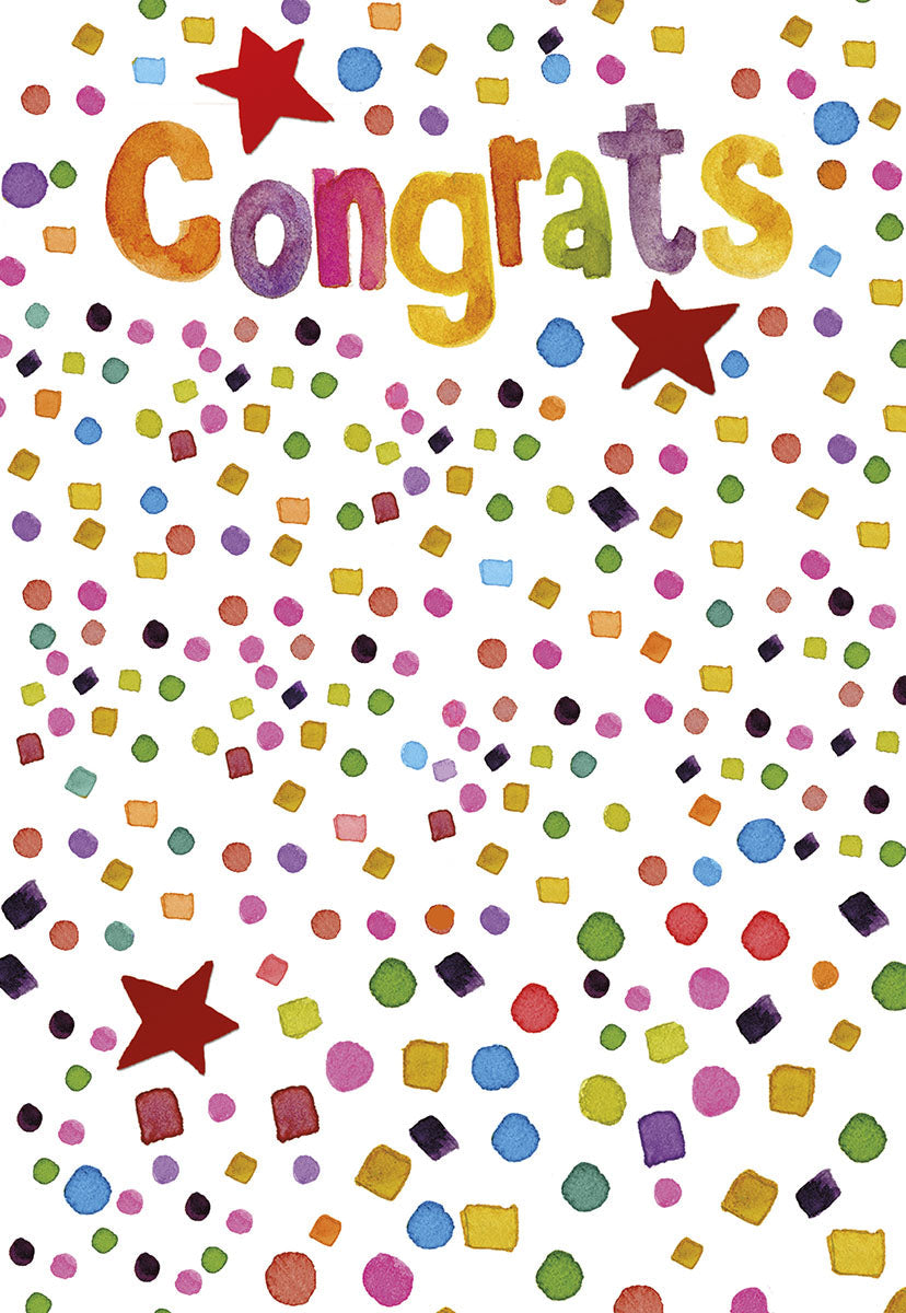 Vibrant confetti congratulations card with 'Congrats' in colorful watercolor letters and red stars on a white background, perfect for celebrating achievements.