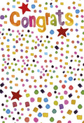 Vibrant confetti congratulations card with 'Congrats' in colorful watercolor letters and red stars on a white background, perfect for celebrating achievements.