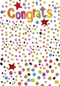 Watercolor 'Congrats' greeting card with colorful confetti and red stars, perfect for celebrating achievements.