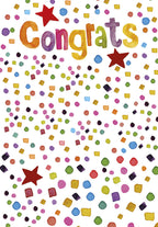 Watercolor 'Congrats' greeting card with colorful confetti and red stars, perfect for celebrating achievements.