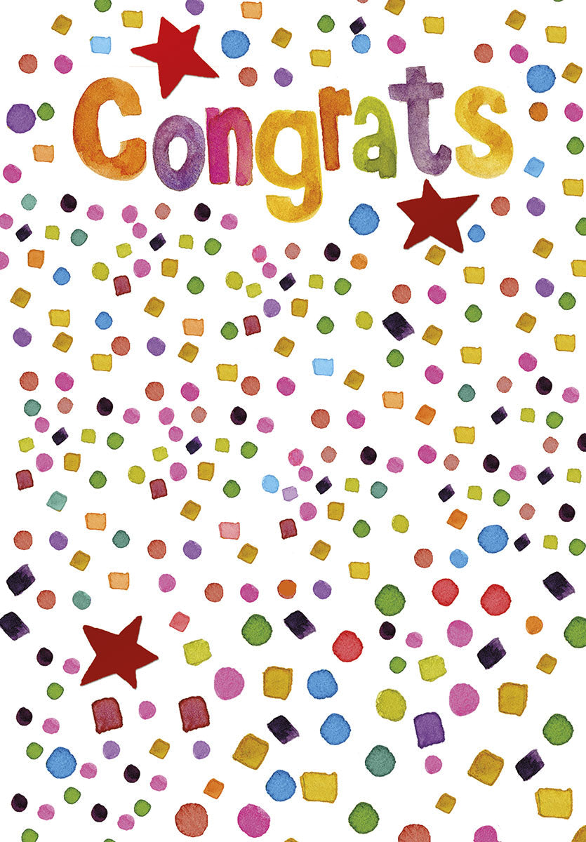 Watercolor 'Congrats' greeting card with colorful confetti and red stars, perfect for celebrating achievements.