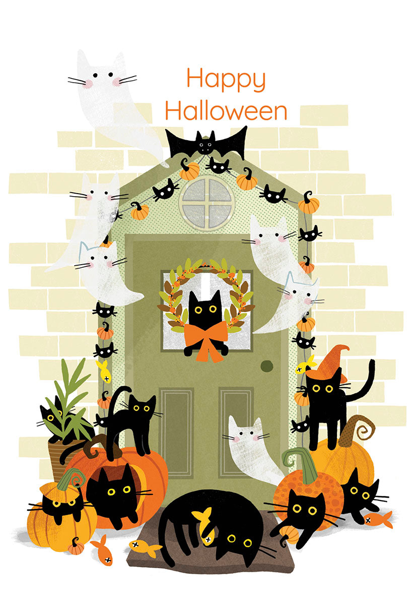 Funny Black Cats Around Decorated Door Halloween Card