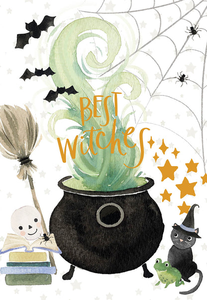 Witch's Cauldron with Bats, Cat and Broom Halloween Card