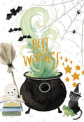 Cute witch-themed greeting card front with bubbling cauldron, 'Best Witches' text, flying bats, spider web, friendly skeleton reading, black cat in witch hat, and green frog, perfect for spooky season wishes.
