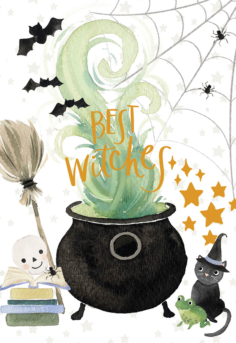 Cute watercolor greeting card front with a bubbling cauldron, 'Best Witches' text, flying bats, a spiderweb, a broom, a smiling skeleton reading, a black cat in a witch hat, a frog, and golden stars.