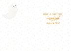 Inside of cute witchy greeting card showing a friendly white ghost and the message 'Have a perfectly magical Halloween!' against a white background with subtle star patterns.