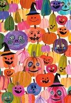 Whimsical Halloween greeting card front featuring a vibrant, colorful pattern of smiling pumpkins with witch hats and unique faces, perfect for a child.