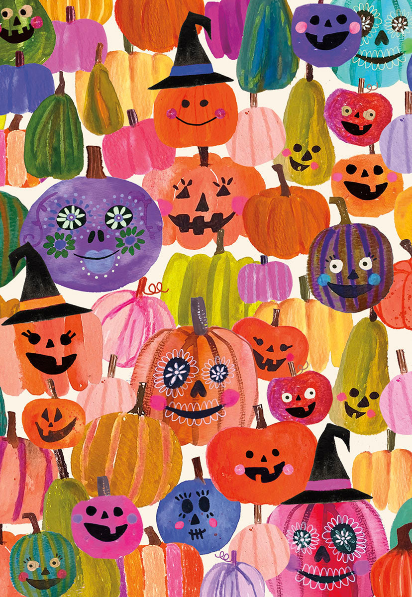 Whimsical Halloween greeting card front featuring a vibrant, colorful pattern of smiling pumpkins with witch hats and unique faces, perfect for a child.