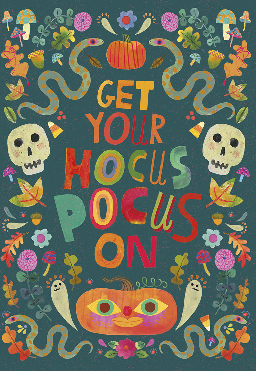 Whimsical Halloween greeting card front with 'Get Your Hocus Pocus On' text, surrounded by playful illustrations of pumpkins, skulls, snakes, colorful mushrooms, and autumn leaves on a dark teal background.