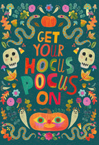 Whimsical Halloween greeting card front with 'Get Your Hocus Pocus On' text, surrounded by playful illustrations of pumpkins, skulls, snakes, colorful mushrooms, and autumn leaves on a dark teal background.