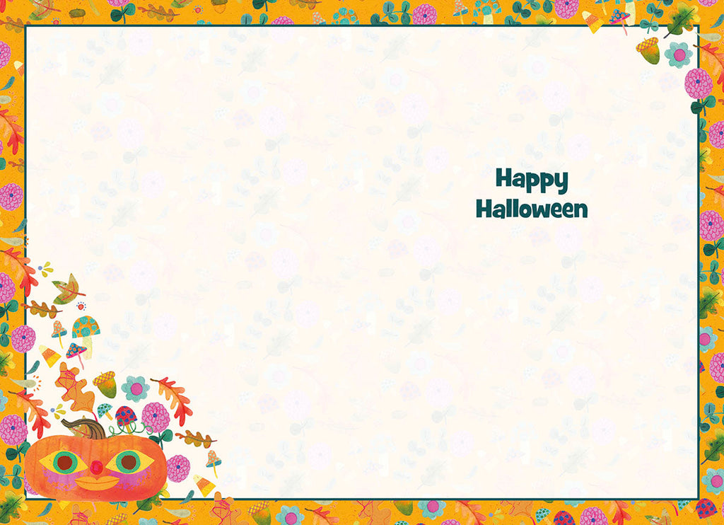 Inside of a cheerful Halloween greeting card, featuring a blank message area, 'Happy Halloween' text, and a vibrant orange border adorned with cartoon pumpkins, skulls, and foliage.