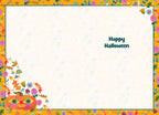 Inside of a cheerful Halloween greeting card, featuring a blank message area, 'Happy Halloween' text, and a vibrant orange border adorned with cartoon pumpkins, skulls, and foliage.