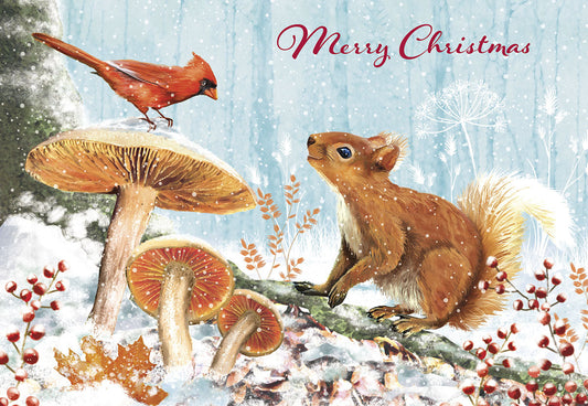 Charming Christmas greeting card with a red cardinal on a mushroom, a squirrel, and berries in a snowy woodland scene, 'Merry Christmas' text.
