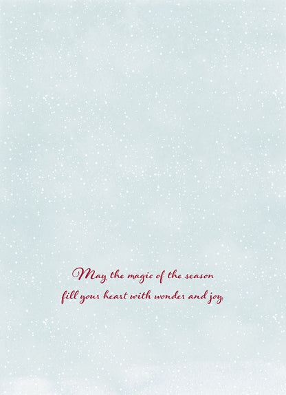 Inside of a Christmas greeting card with a snowy background and the message: 'May the magic of the season fill your heart with wonder and joy.'
