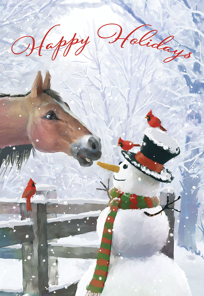 Happy Holidays Horse Eating Snowman Nose Christmas Card | Leanin' Tree