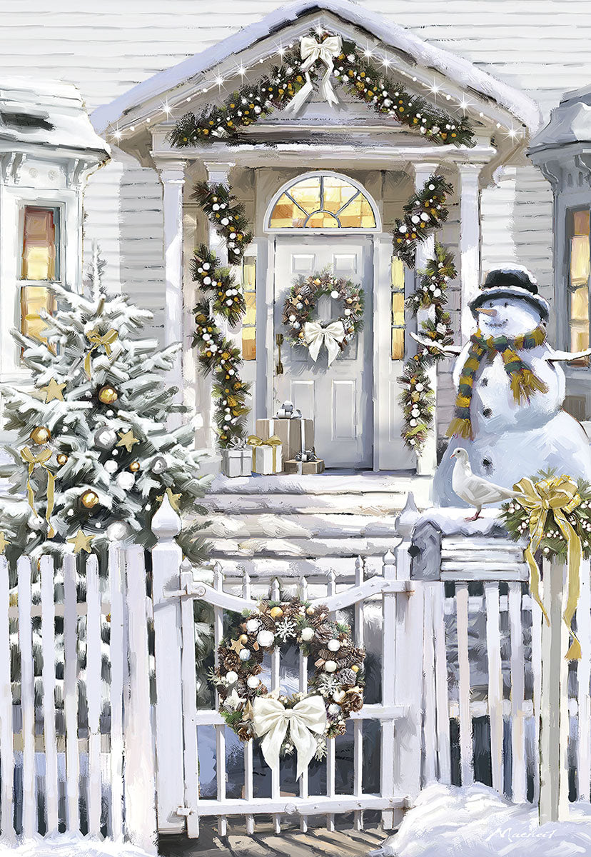 White Festive Front Porch with Snowman Boxed Christmas Glitter Cards