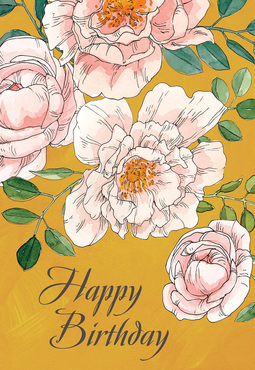 Heartfelt Bloom Wishes birthday greeting card for her, featuring elegant pink watercolor flowers and green leaves on a vibrant mustard yellow background with 'Happy Birthday' in script.