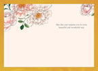 Inside view of the Bloom Wishes birthday card, showing the blank space for a personalized message, decorated with delicate pink watercolor flowers and a pre-printed heartfelt wish: 'May this year surprise you in every beautiful and wonderful way.'